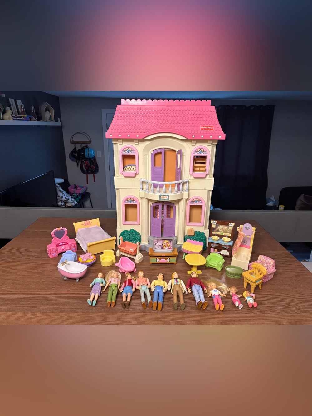 Fisher price loving family grand dollhouse pink roof with accessories people car